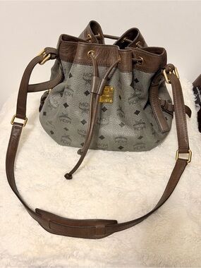MCM Olive Gray and Brown Drawstring Bucket Shoulder Bag